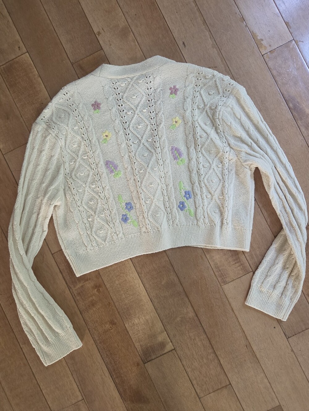 Zara Floral Embroidered Cable Knit Cardigan Sweater Cottagecore Grandpa Chic L - Picture 7 of 7